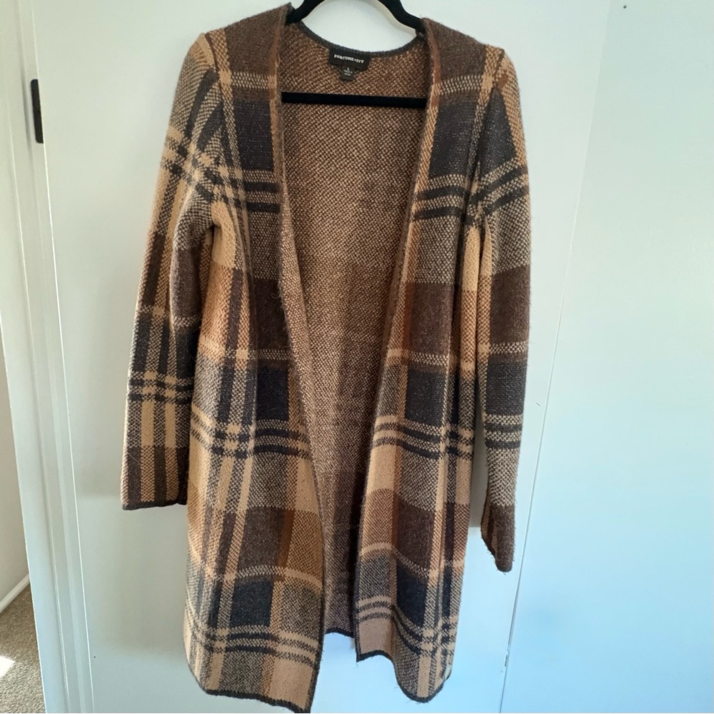 Fortune + Ivy Long Sleeve Open-Front Coatigan in Plaid